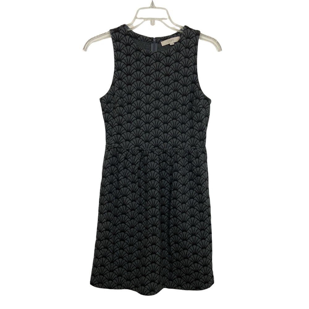 ANN TAYLOR LOFT Fit & Flare Dress Charcoal Gray and Black Seashell Print Size 6